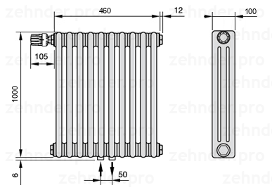 Схема (чертеж) Радиатор Zehnder Charleston 3100/10 №V007 Белый глянцевый RAL 9016